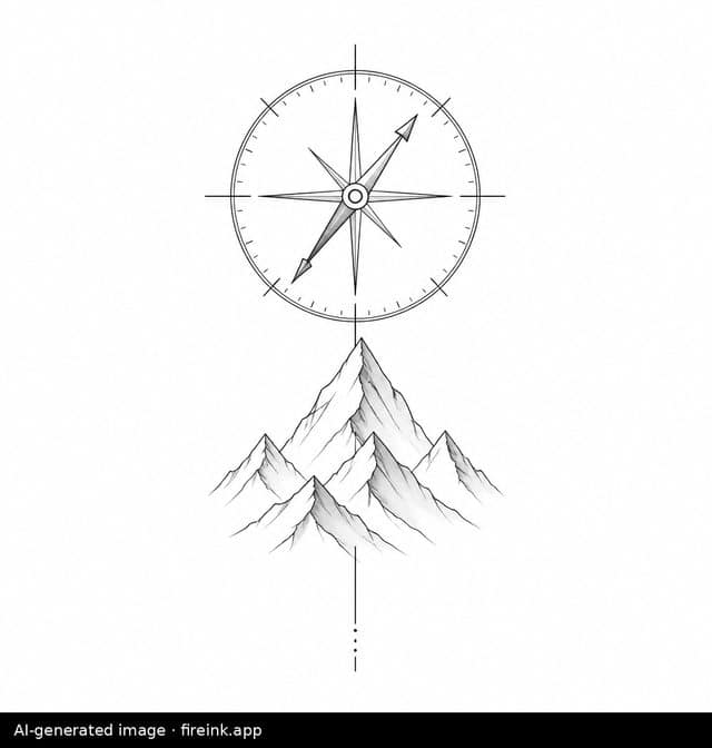 AI-generated fine line tattoo design: a compass and mountains