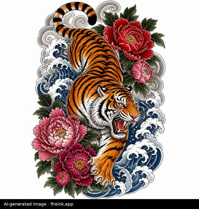 AI-generated japanese tattoo design: a tiger with peonies