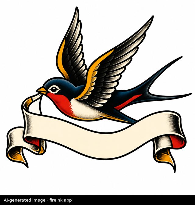 AI-generated traditional tattoo design: a swallow carrying a banner